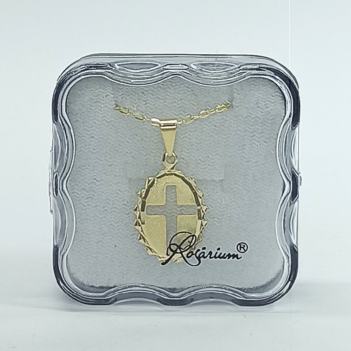 1116140795_FIO016945-01.jpg Fio c/ Medalha Diamantada Oval 18MM c/ Fundo e Cruz recortada Folheado Dourado - Image 1
