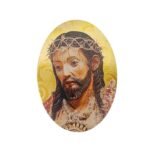 Placa em Madeira c/folha de Ouro, Icone Oval, Santo Cristo, 21cm