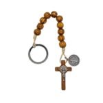 Porta-Chaves Dezena de Madeira, 10MM c/Cruz e Medalha - São Bento