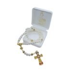 Terço de Pérola c/ Pai Nossos em Metal, corda 6mm,Primeira Comunhão Dourada