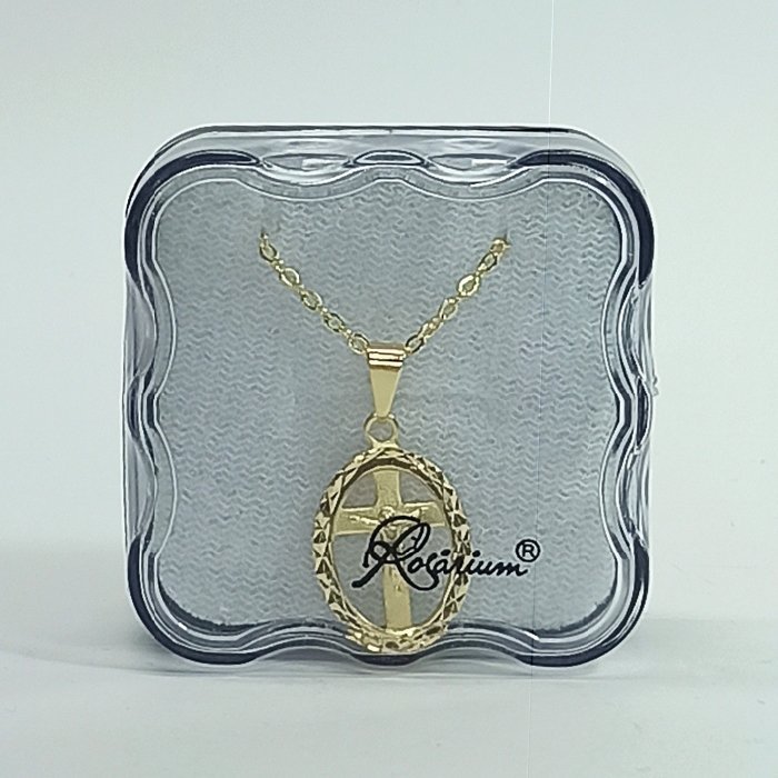 2722786472_FIO013910-01-01.jpg Fio C/ Medalha Diamantada Oval 18MM s/ Fundo c/ Crucifixo Folheado Dourado - Image 1