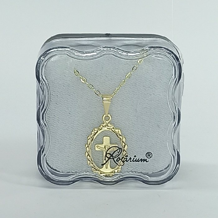 3448111866_FIO017056-01.jpg Fio c/ Medalha Diamantada Oval 18MM c/ Crucifixo Pequeno Folheado Dourado - Image 1