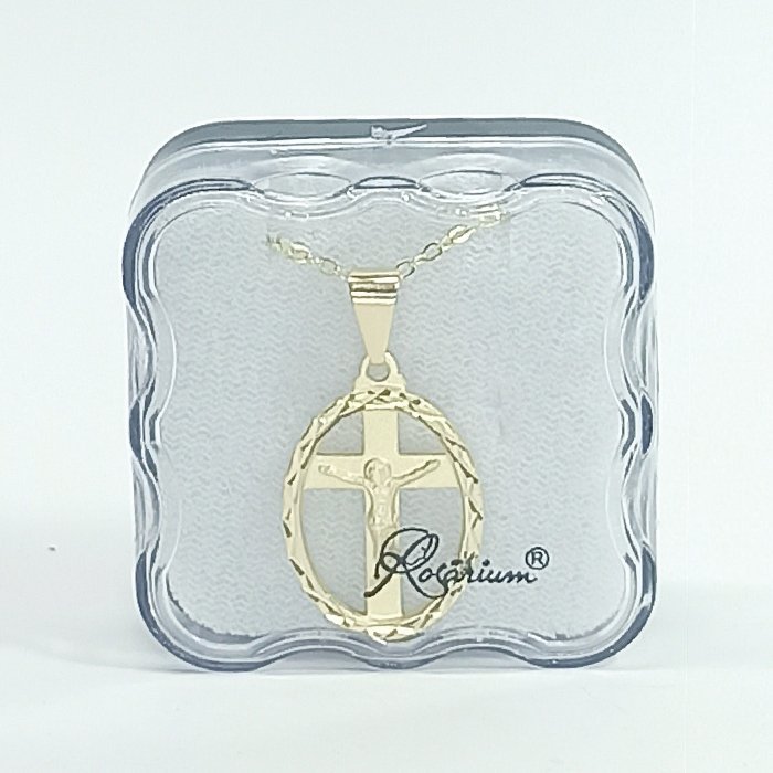 3728354278_FIO013004_cx-01.jpg Fio c/ Medalha Diamantada 23MM c/ Crucifixo recortado Folheado Dourado - Image 1