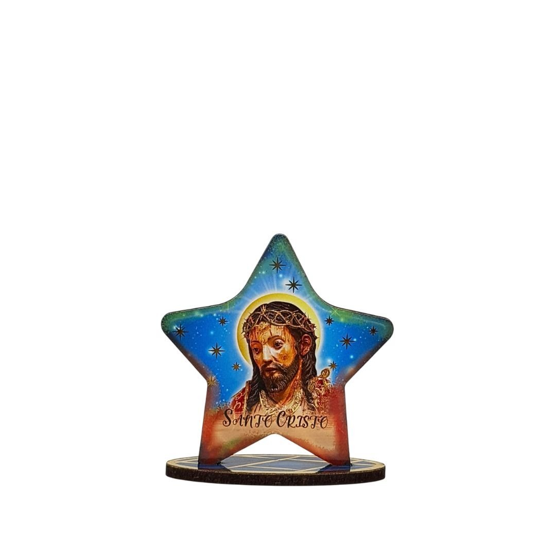 3891288932_A22194______0_99.jpg Placa em Madeira, Formato Estrela, c/Santo Cristo, 7cm - Image 1