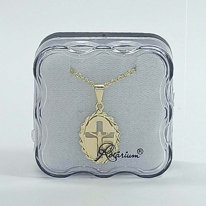 4155932822_FIO017089-01.jpg Fio c/ Medalha Diamantada Oval 18MM c/ Fundo e Cruz Recortada Folheado Dourado - Image 1