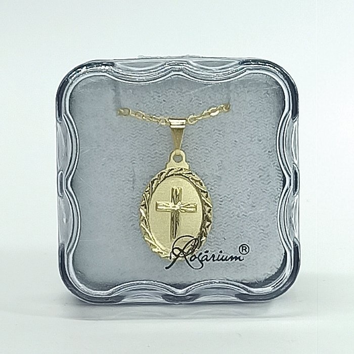 426642844_FIO010451cx-01.jpg Fio c/ Medalha Oval 17MM diamantada c/ Cruz Raiada Folheado Dourado - Image 1