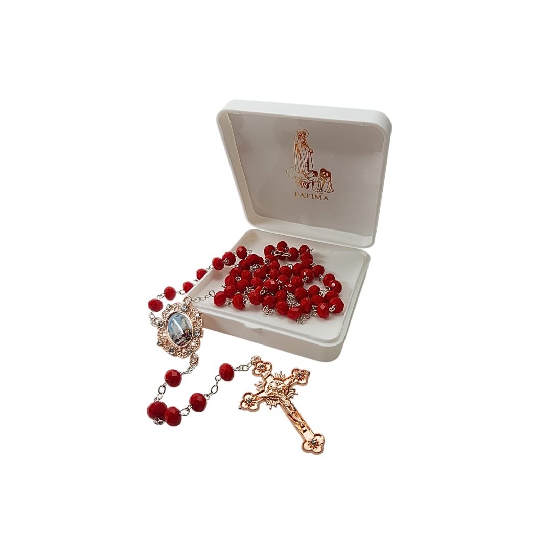 2677131075_T2162OR____5_61_vermelho Terço de Cristal c/Passador e Cruz em Ouro Rosa, 8MM - Image 1