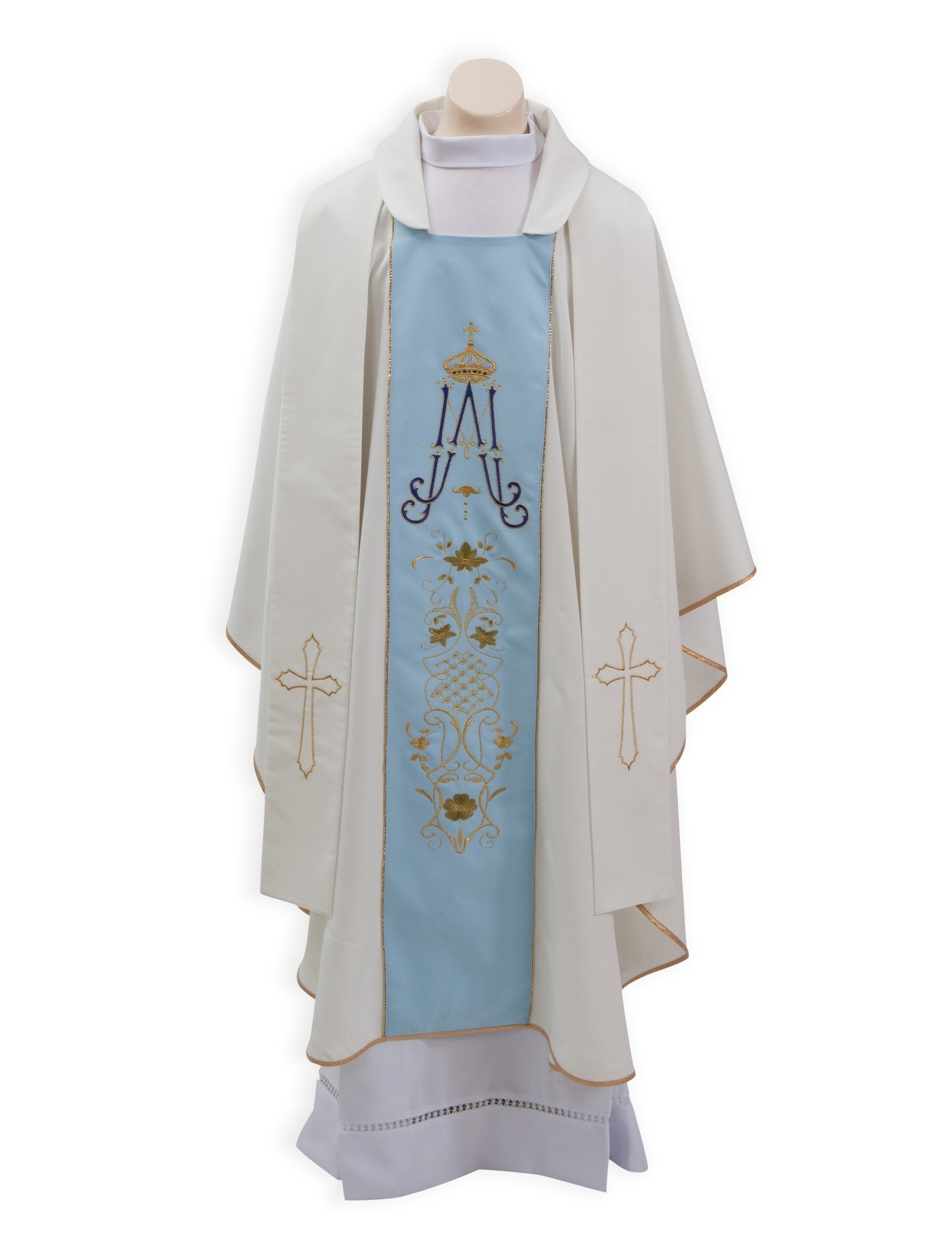 1949994498_Mariana_PAR_414_-_C.jpg Casula 'Mariana' com Estolãoem Mini-Mate 100% PolyesterCor Branca c/ estolão azul - Image 1