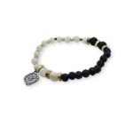 Pulseira de Pedra Natural Vulcânica de Lava e Madre Pérola c/ Medalha, 6mm+8mm