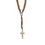 Terço em Corda c/ Pégadas, Contas de Madeira de Oliveira 10mm